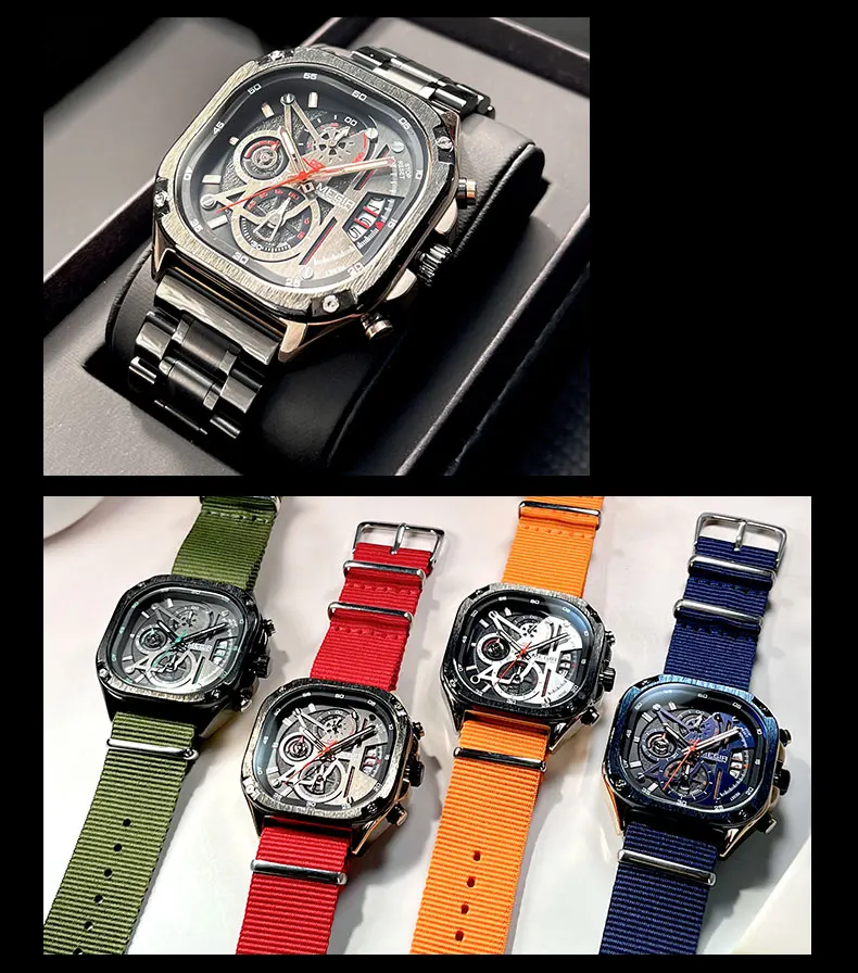 Reloj con esfera cuadrada cronógrafo, manecillas luminosas. - Image 5