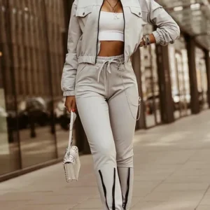 Conjunto de pantalón con cordón, Top de manga larga con diseño de cremallera.