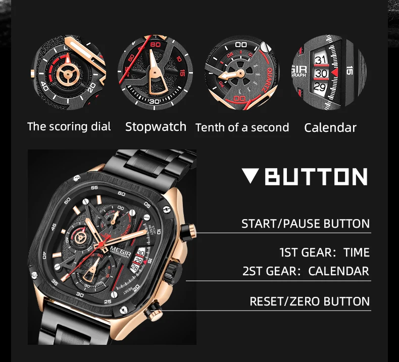 Reloj con esfera cuadrada cronógrafo, manecillas luminosas. - Image 4