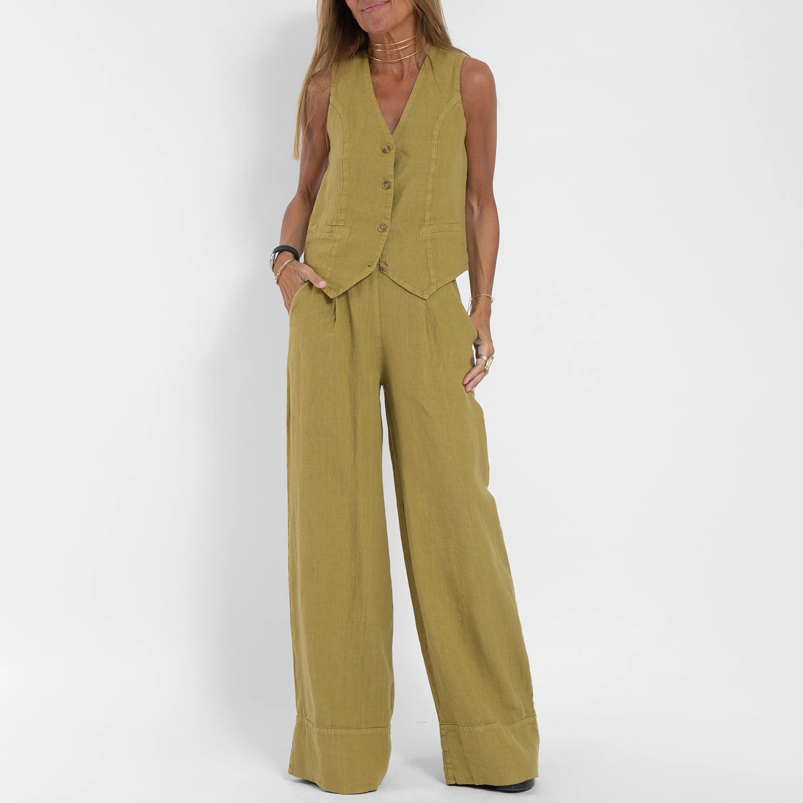 Conjunto de chaleco sin mangas con botones, pantalones de pierna ancha. - Image 4