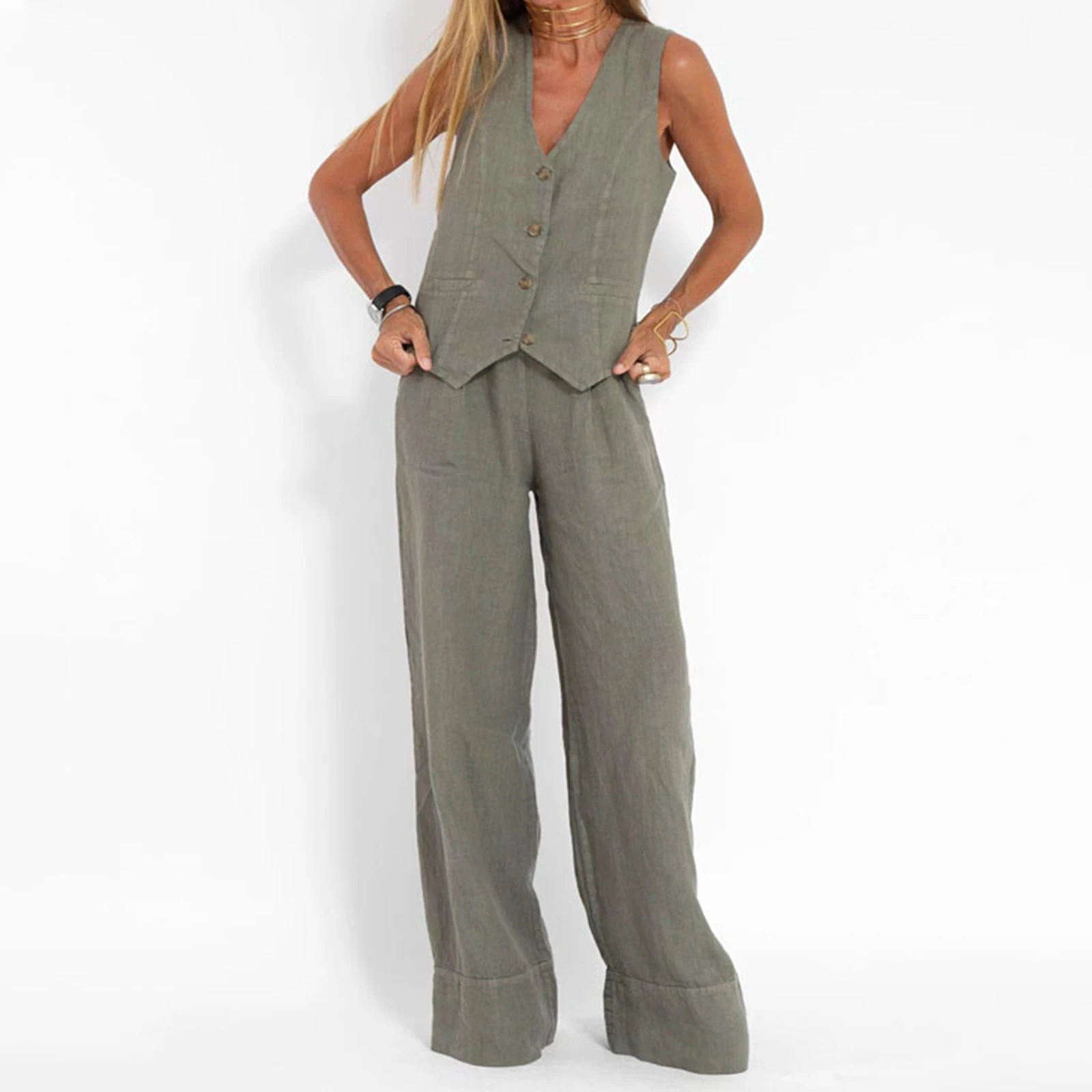 Conjunto de chaleco sin mangas con botones, pantalones de pierna ancha. - Image 3