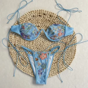 Bikini con bordado Floral, sujetador bohemio transparente de 2 piezas + bragas.