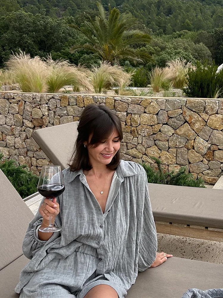 Conjuntos de lino y algodón liso Top holgado con solapa pantalones cortos de cintura alta con cordones. - Image 2