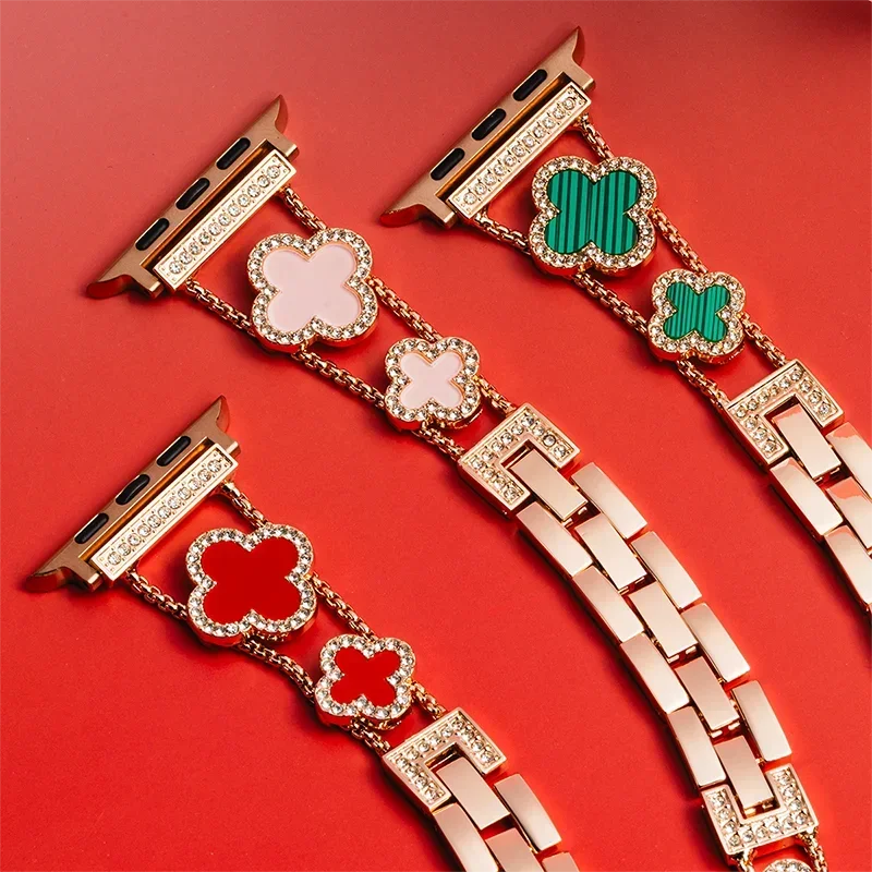 Correa de Metal de trébol de cuatro hojas para Apple Watch Ultra2, 49/45/44/42/41/40/38mm, pulseras Iwatch Series 9 8 7 SE 6. - Image 4